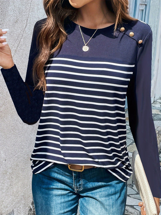 Decorative Button Striped Round Neck Long Sleeve T-Shirt-Angel Casuals