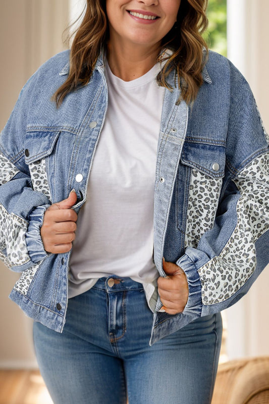 Plus Size Leopard Long Sleeve Denim Jacket-Angel Casuals