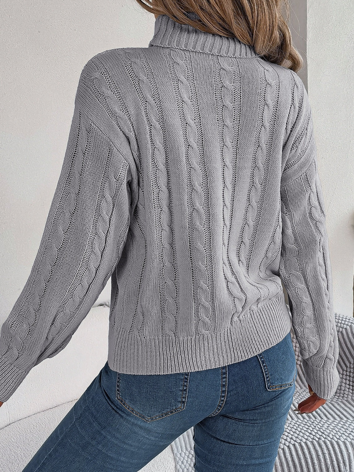 Cable-Knit Turtleneck Dropped Shoulder Sweater-Angel Casuals
