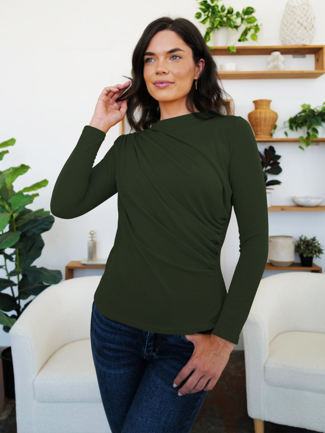 FAM-FAM Ruched Mock Neck Long Sleeve T-Shirt-Angel Casuals