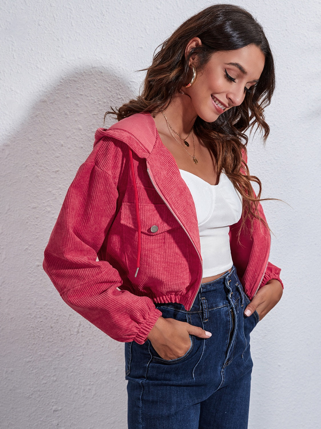 Drawstring Hooded Zip Up Jacket with Pockets-Angel Casuals