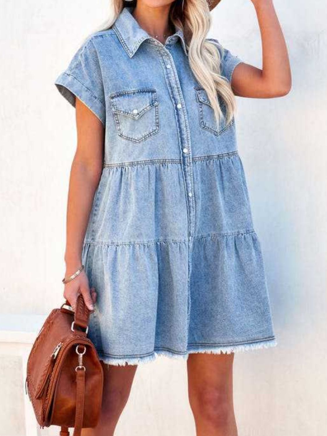 Raw Hem Short Sleeve Denim Dress-Angel Casuals