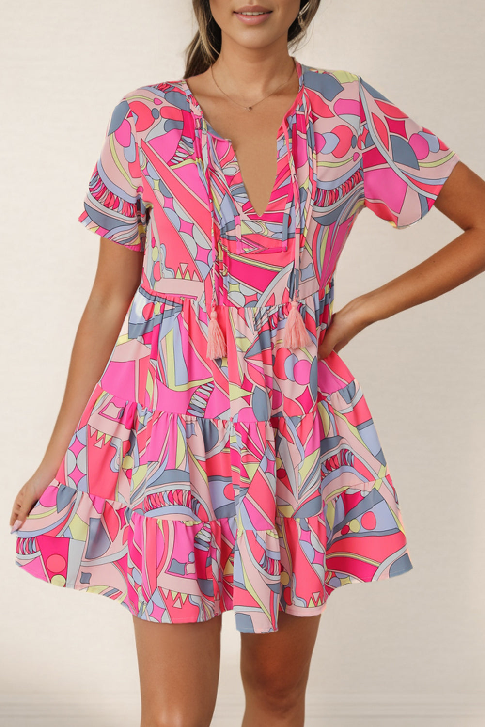 Multicolored Tie Neck Short Sleeve Tiered Dress-Angel Casuals