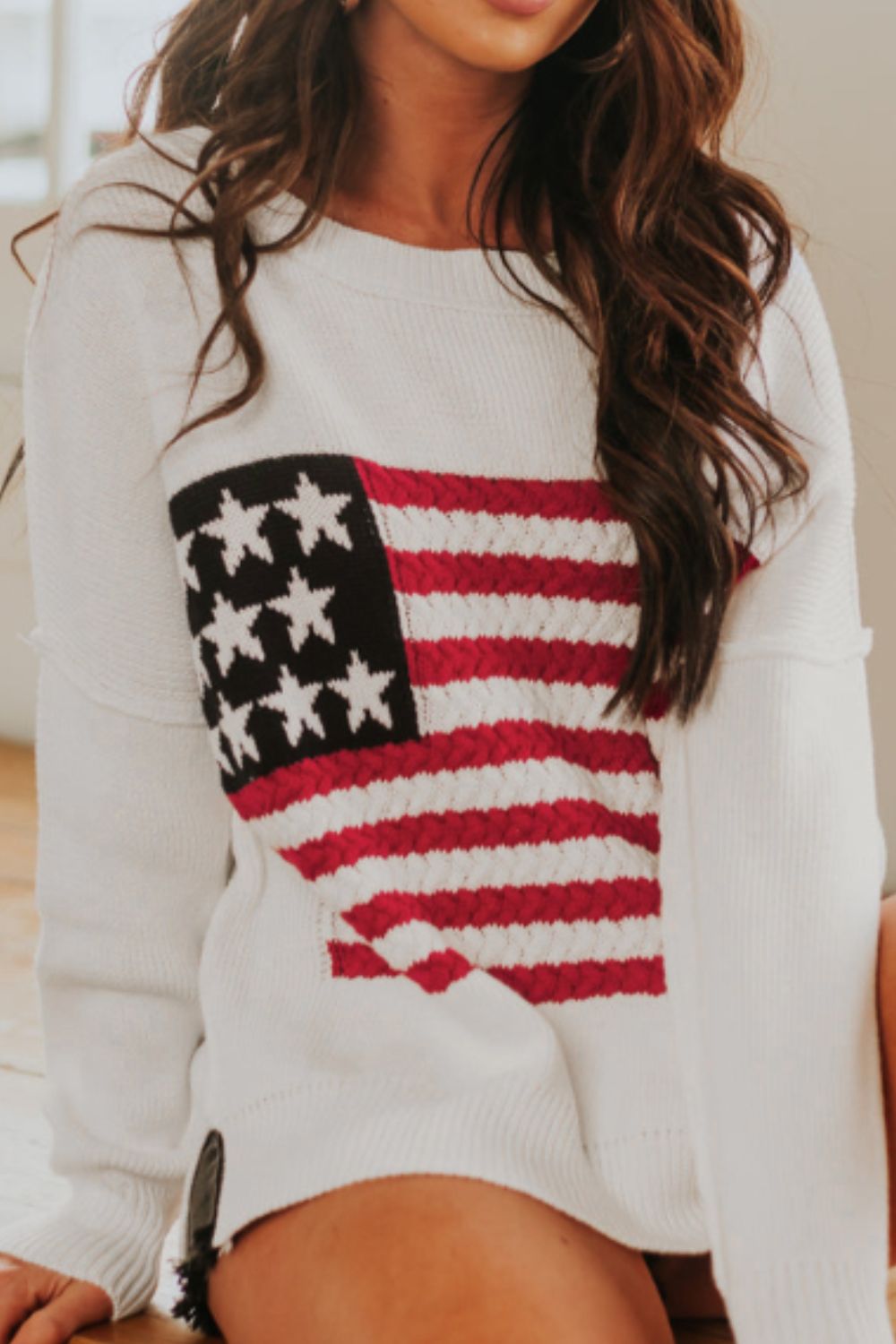 US Flag Side Slit Drop Shoulder Sweater-Angel Casuals