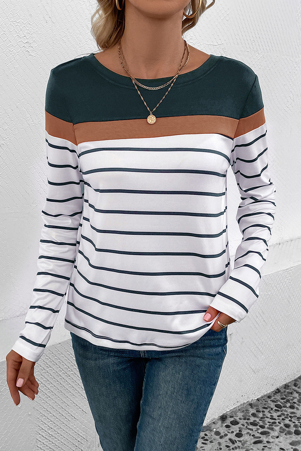 Striped Round Neck Long Sleeve T-Shirt-Angel Casuals