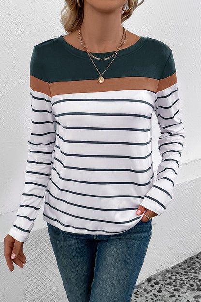 Striped Round Neck Long Sleeve T-Shirt-Angel Casuals