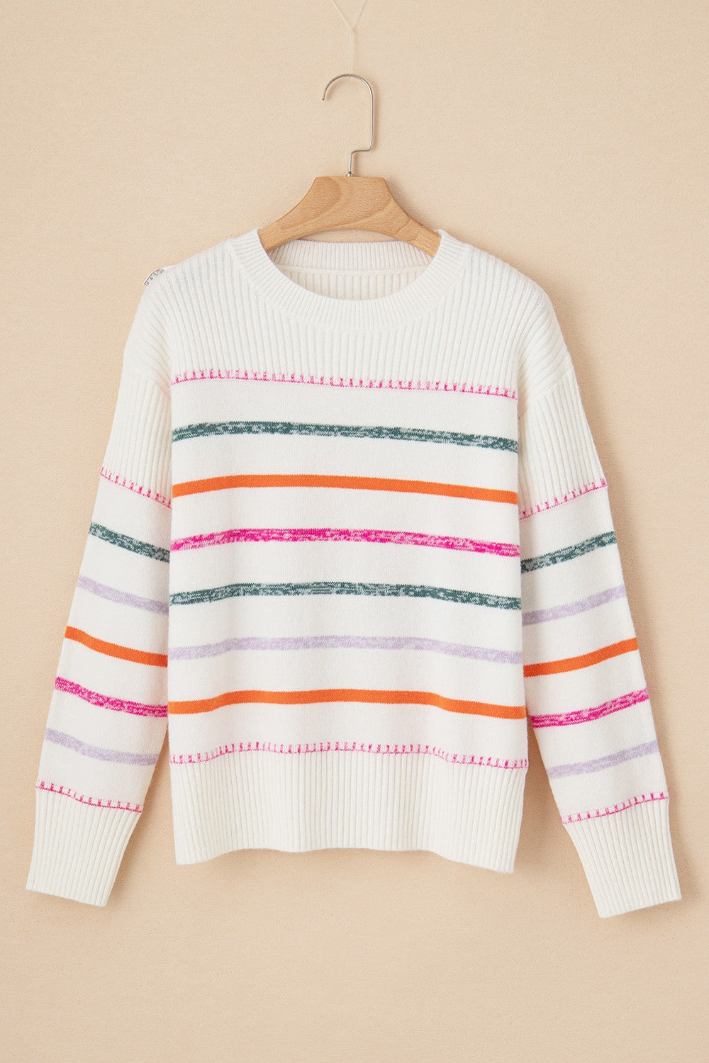 Striped Round Neck Dropped Shoulder Sweater-Angel Casuals