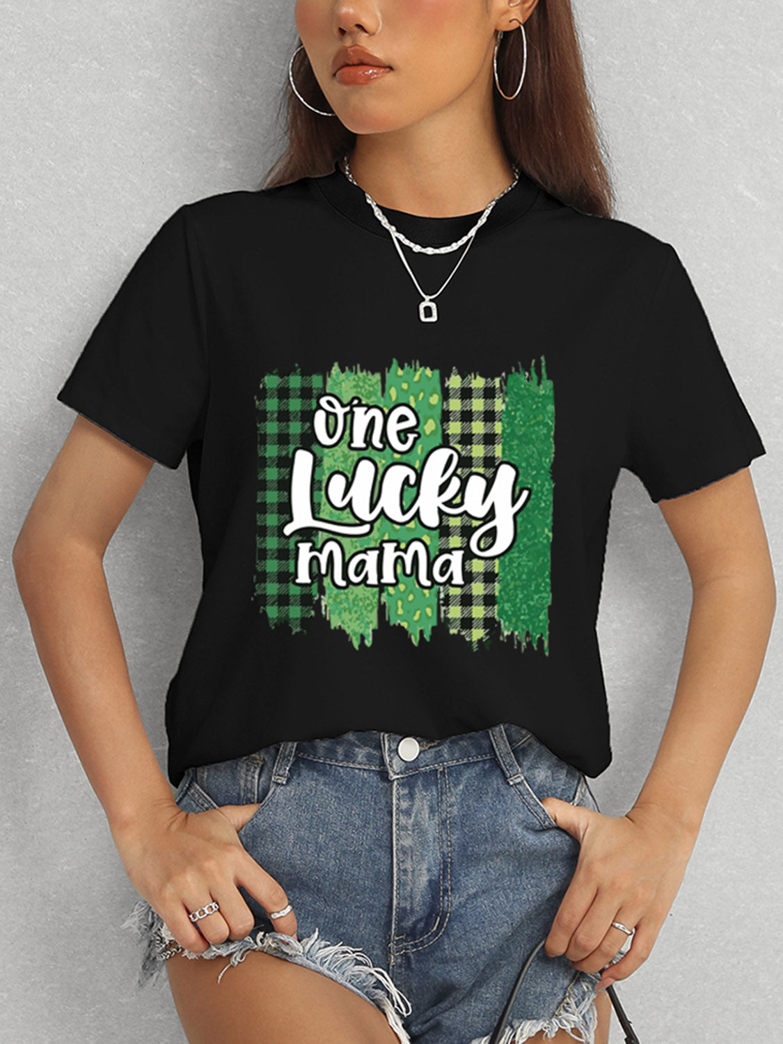 ONE LUCKY MAMA Round Neck T-Shirt-Angel Casuals