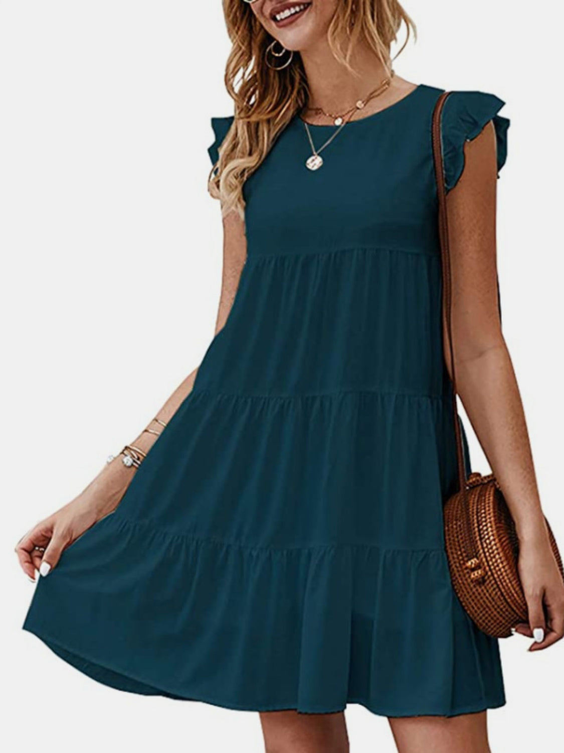 Ruffled Round Neck Cap Sleeve Mini Dress-Angel Casuals