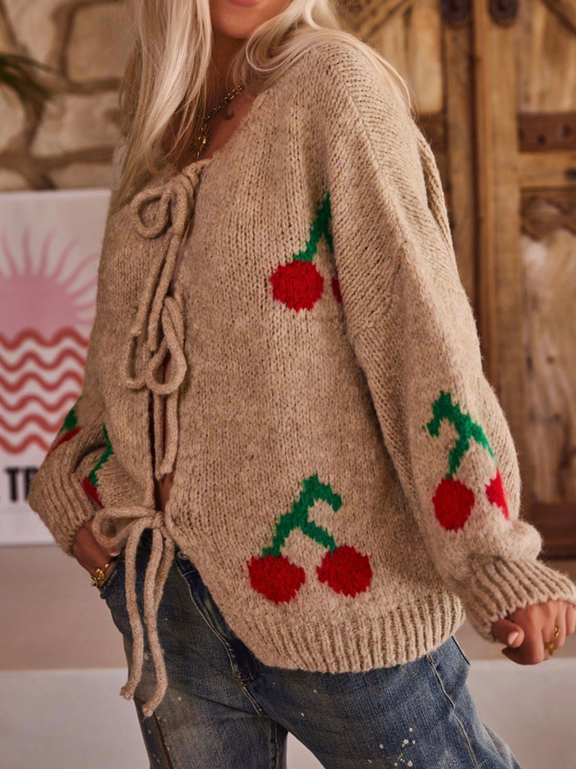 Tied Cherry Round Neck Long Sleeve Cardigan-Angel Casuals