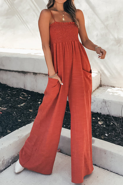 Smocked Spaghetti Strap Wide Leg Jumpsuit-Angel Casuals