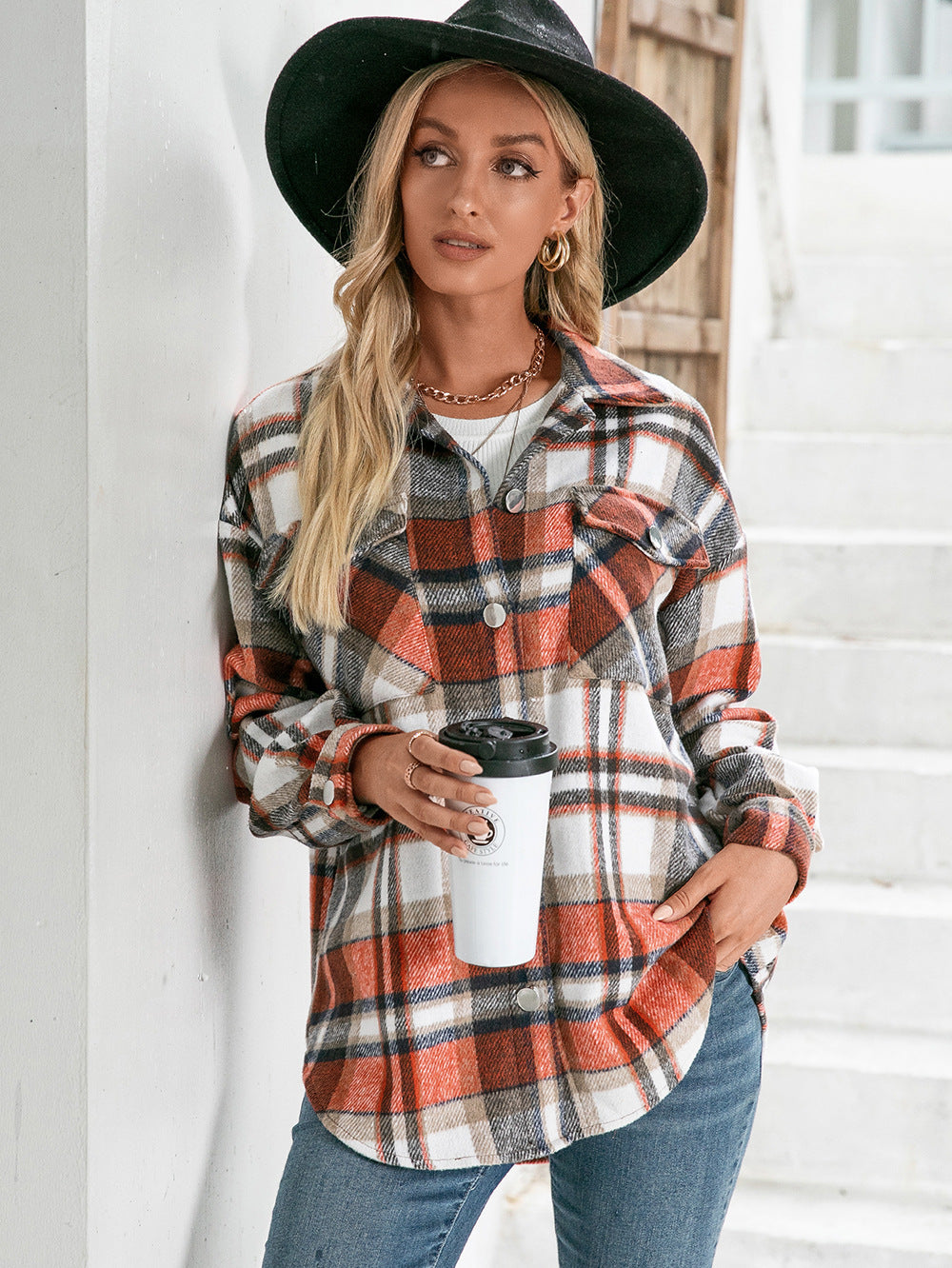 Meet You Outside Plaid Button Down Curved Hem Shacket-Angel Casuals