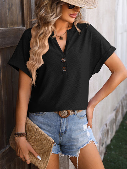 Eyelet Notched Short Sleeve T-Shirt-Angel Casuals