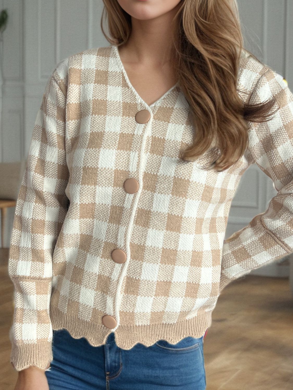 Plaid V-Neck Button Up Cardigan-Angel Casuals