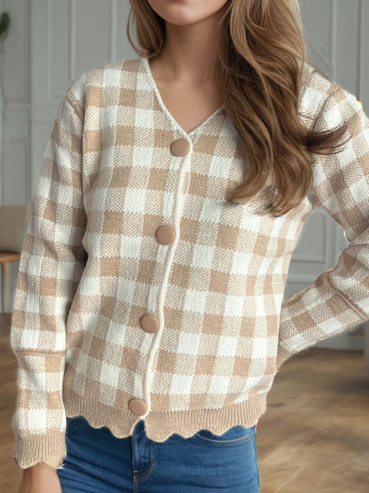 Plaid V-Neck Button Up Cardigan-Angel Casuals