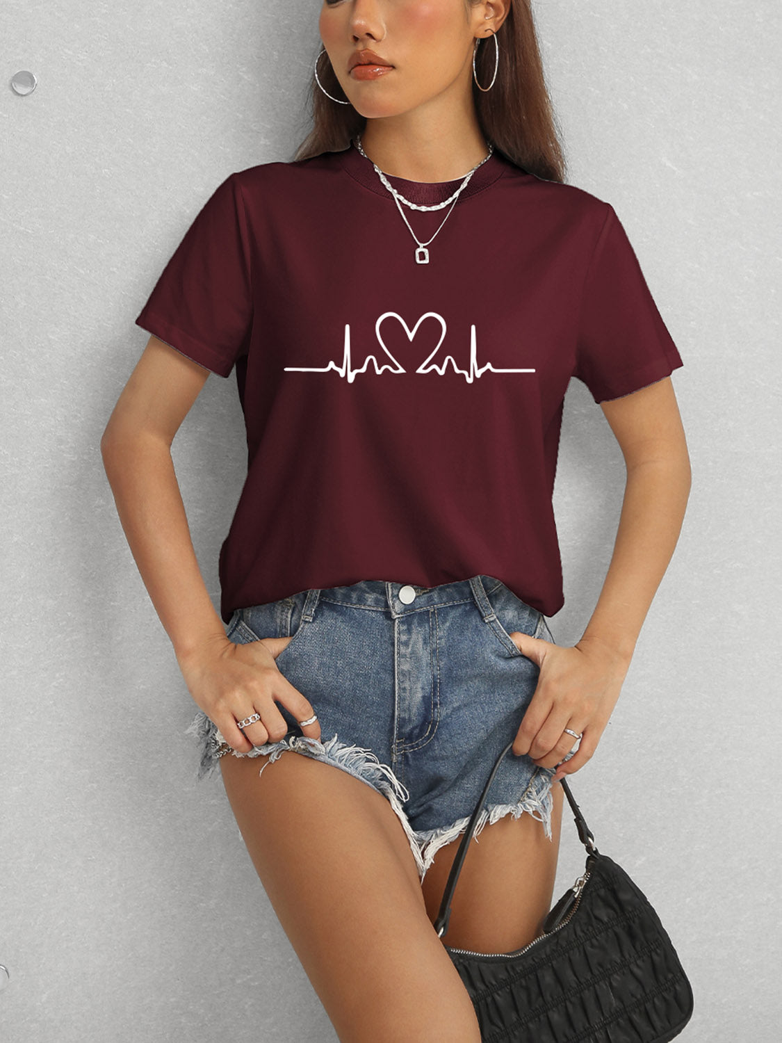 Heart Round Neck Short Sleeve T-Shirt-Angel Casuals