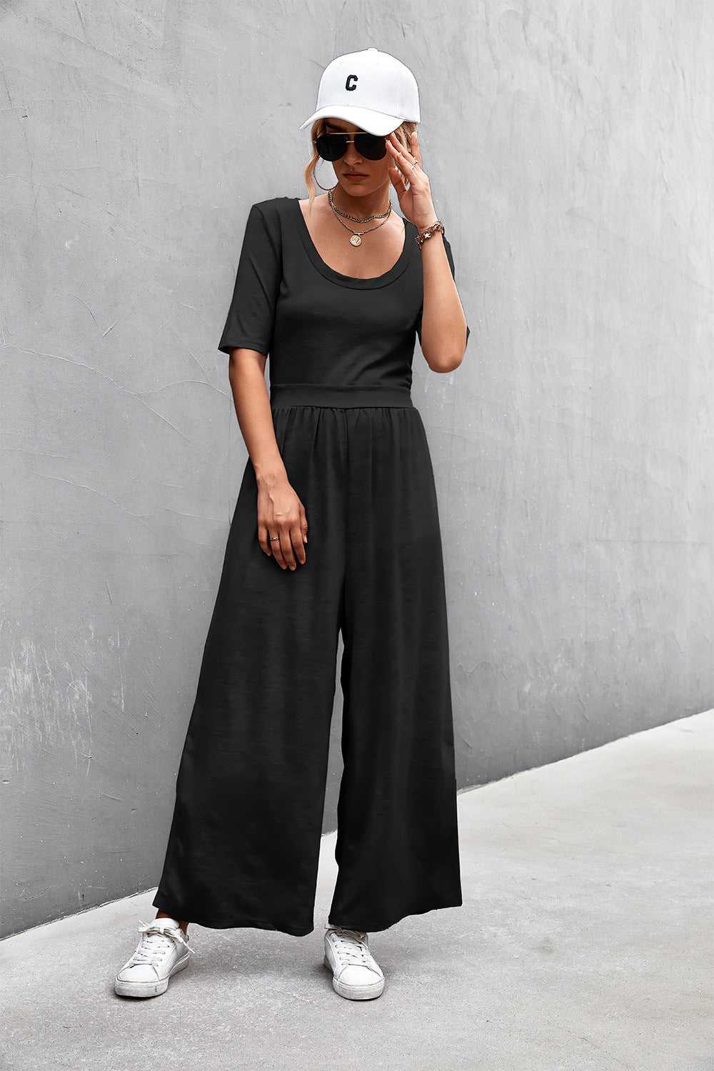 Scoop Neck Half Sleeve Wide Leg Jumpsuit-Angel Casuals