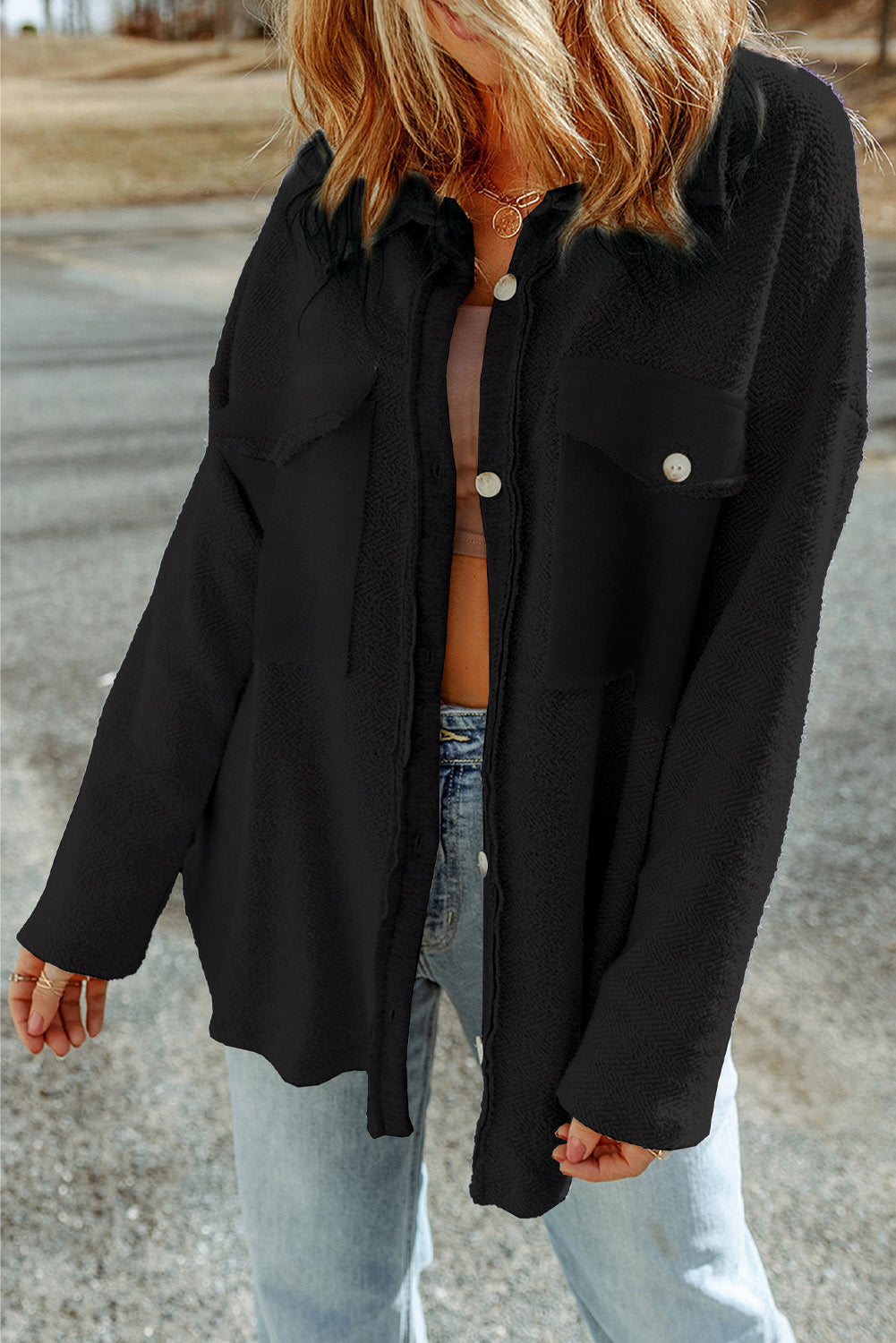 Pocketed Button Up Droppped Shoulder Jacket-Angel Casuals