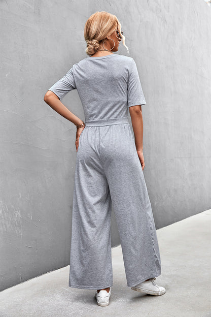 Scoop Neck Half Sleeve Wide Leg Jumpsuit-Angel Casuals