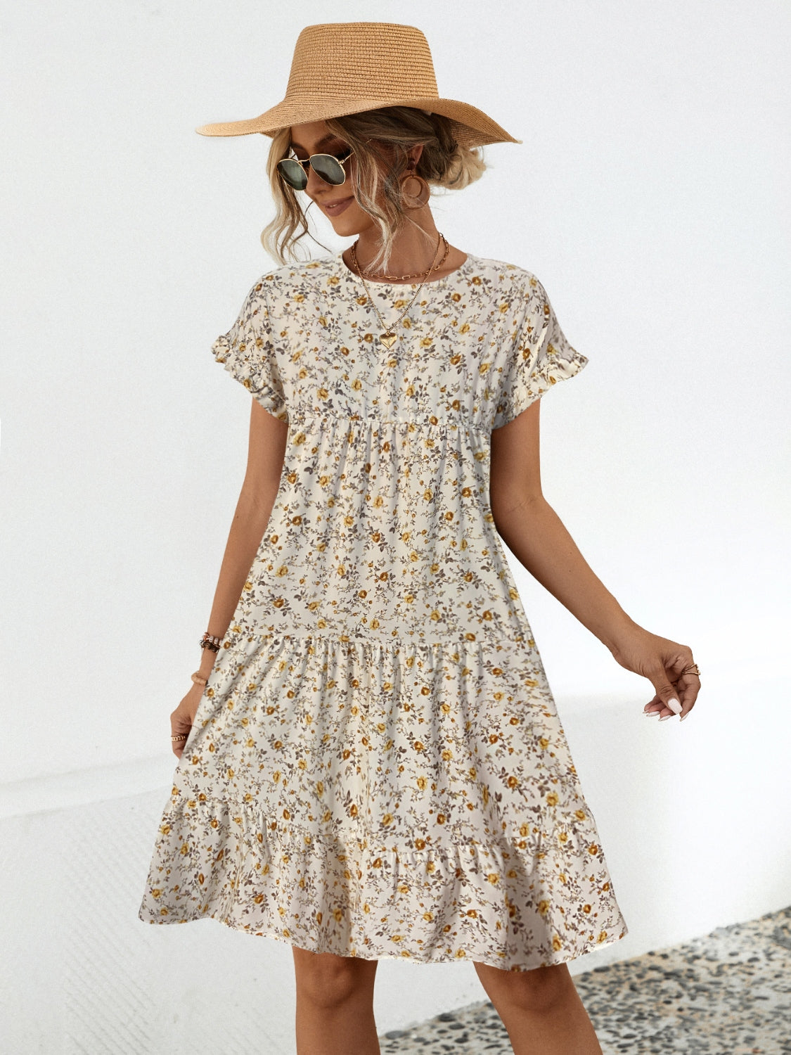 Frill Floral Round Neck Short Sleeve Tiered Dress-Angel Casuals