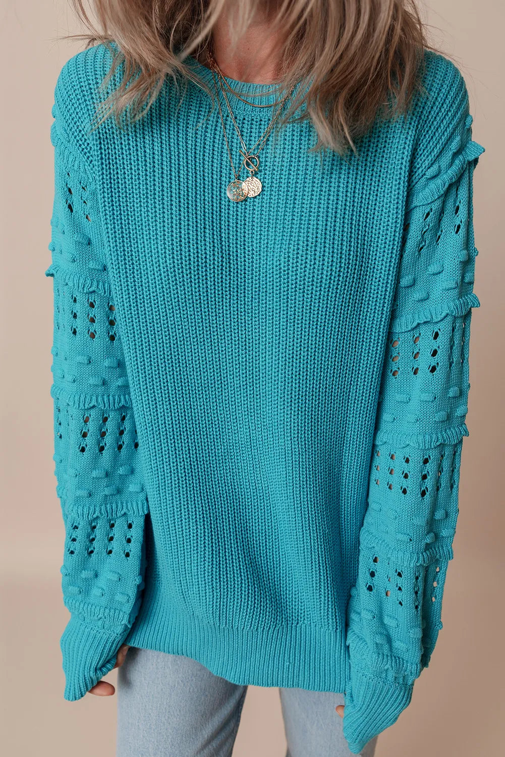 Openwork Frill Round Neck Long Sleeve Sweater-Angel Casuals