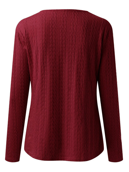 Decorative Button Round Neck Long Sleeve Top-Angel Casuals