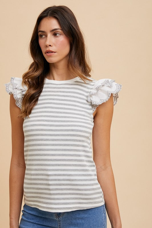 Annie Wear Ruffled Striped Round Neck Cap Sleeve Knit Top-Angel Casuals