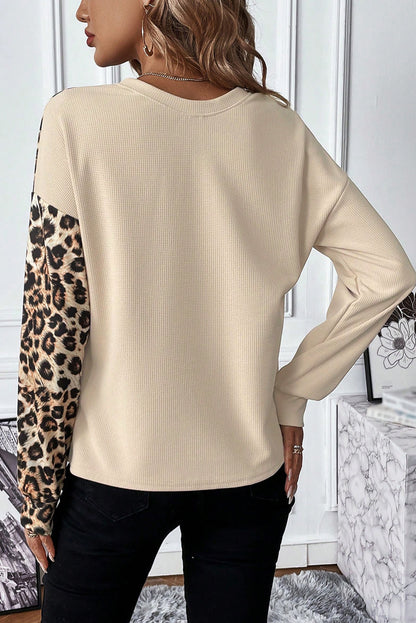 Leopard Waffle Knit Long Sleeve T-Shirt-Angel Casuals