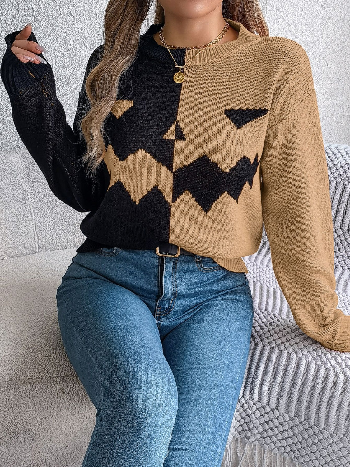 Contrast Round Neck Long Sleeve Sweater-Angel Casuals