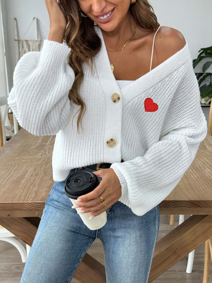 Heart Button Down V-Neck Long Sleeve Cardigan-Angel Casuals