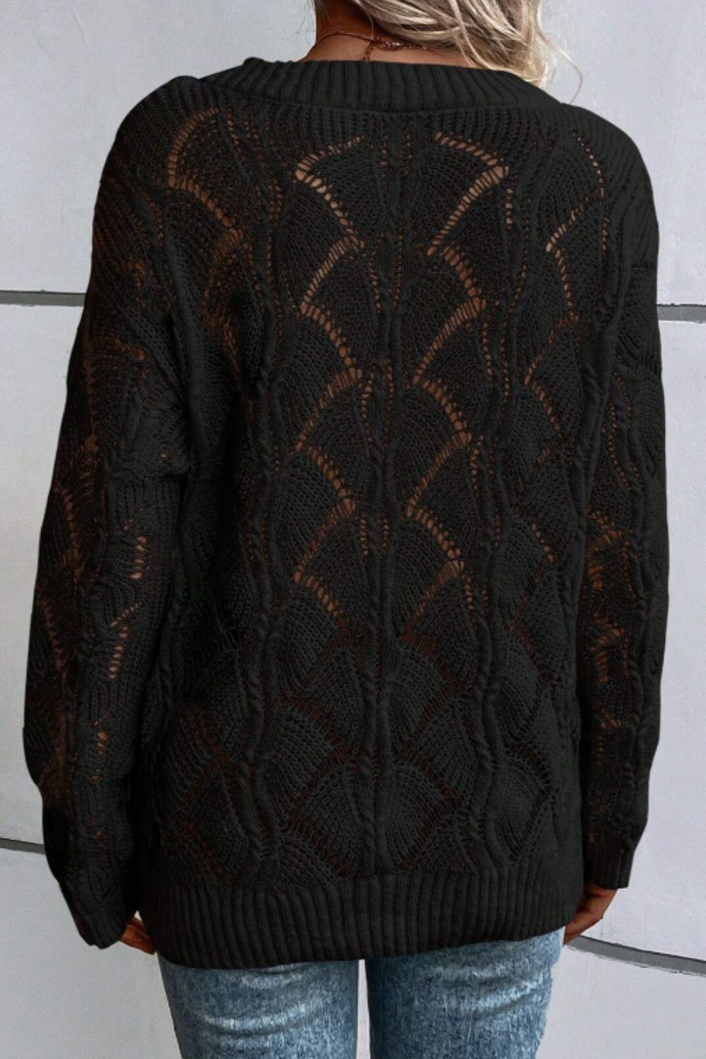 Openwork V-Neck Long Sleeve Sweater-Angel Casuals