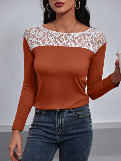 Lace Trim Long Sleeve Round Neck Tee-Angel Casuals