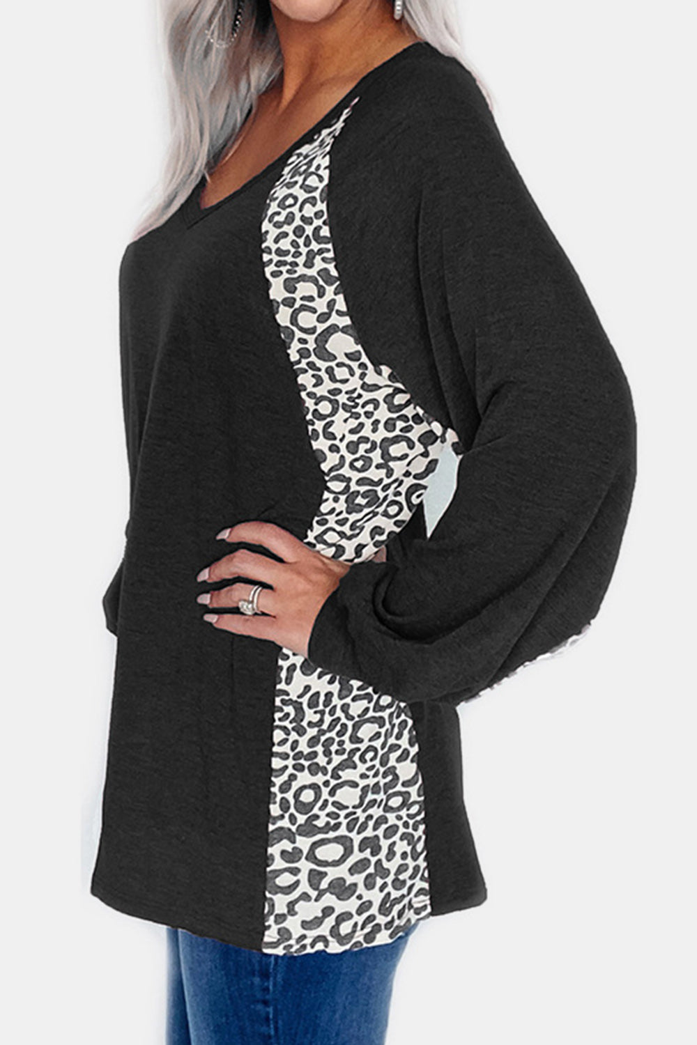 Full Size Leopard V-Neck Long Sleeve T-Shirt-Angel Casuals
