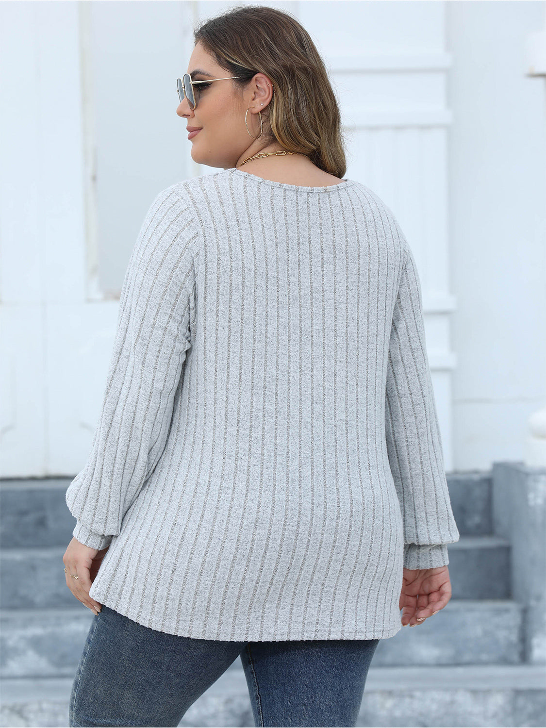 Plus Size Ribbed V-Neck Long Sleeve Top-Angel Casuals