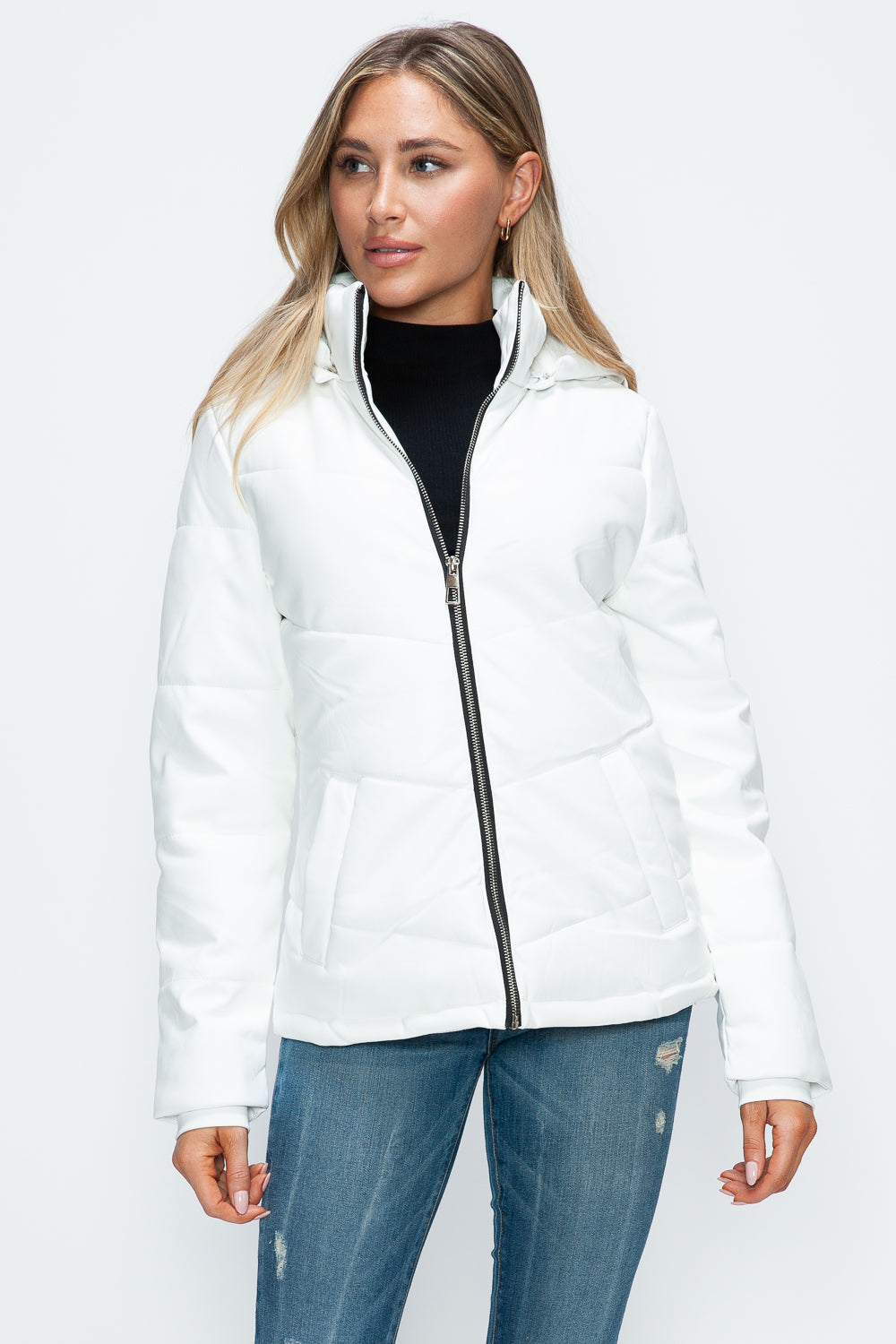 How Dare U Pocketed Zip Up Puffer Jacket with Removable Hood-Angel Casuals