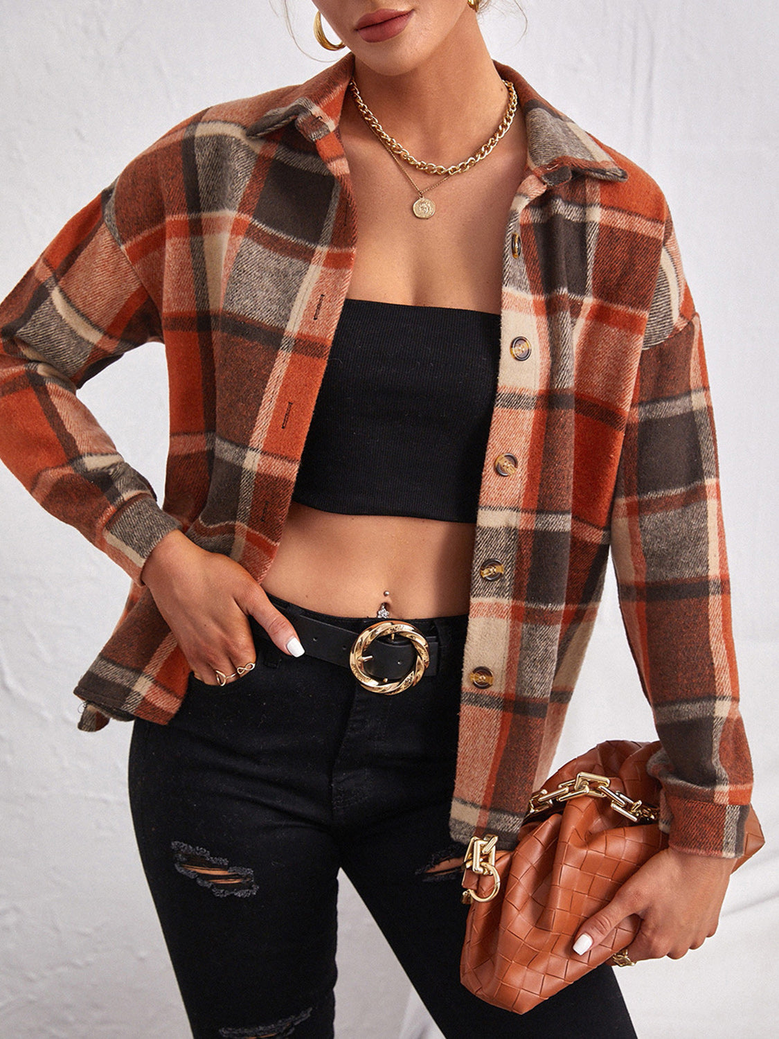 Plaid Collared Neck Button Down Jacket-Angel Casuals