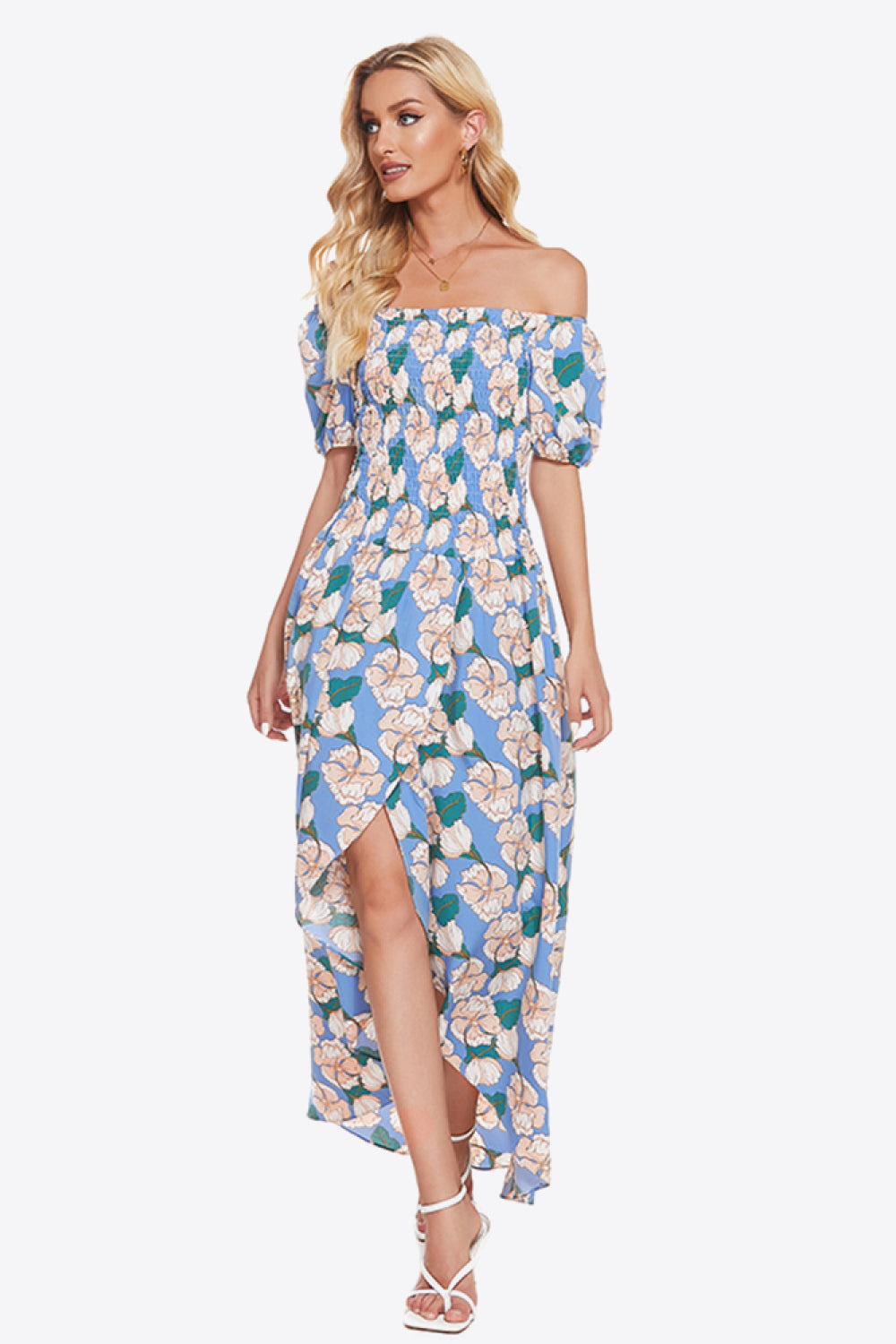 Floral Off-Shoulder Slit Maxi Dress-Angel Casuals