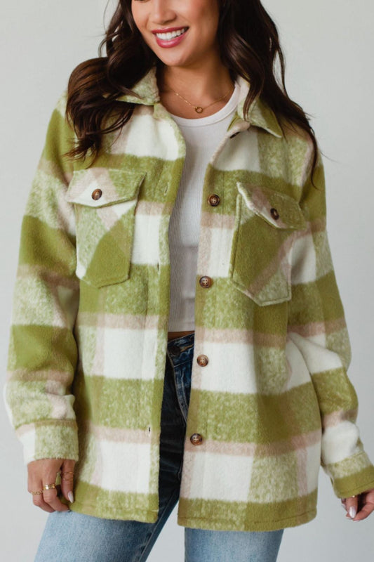 Pocketed Plaid Collared Neck Shacket-Angel Casuals