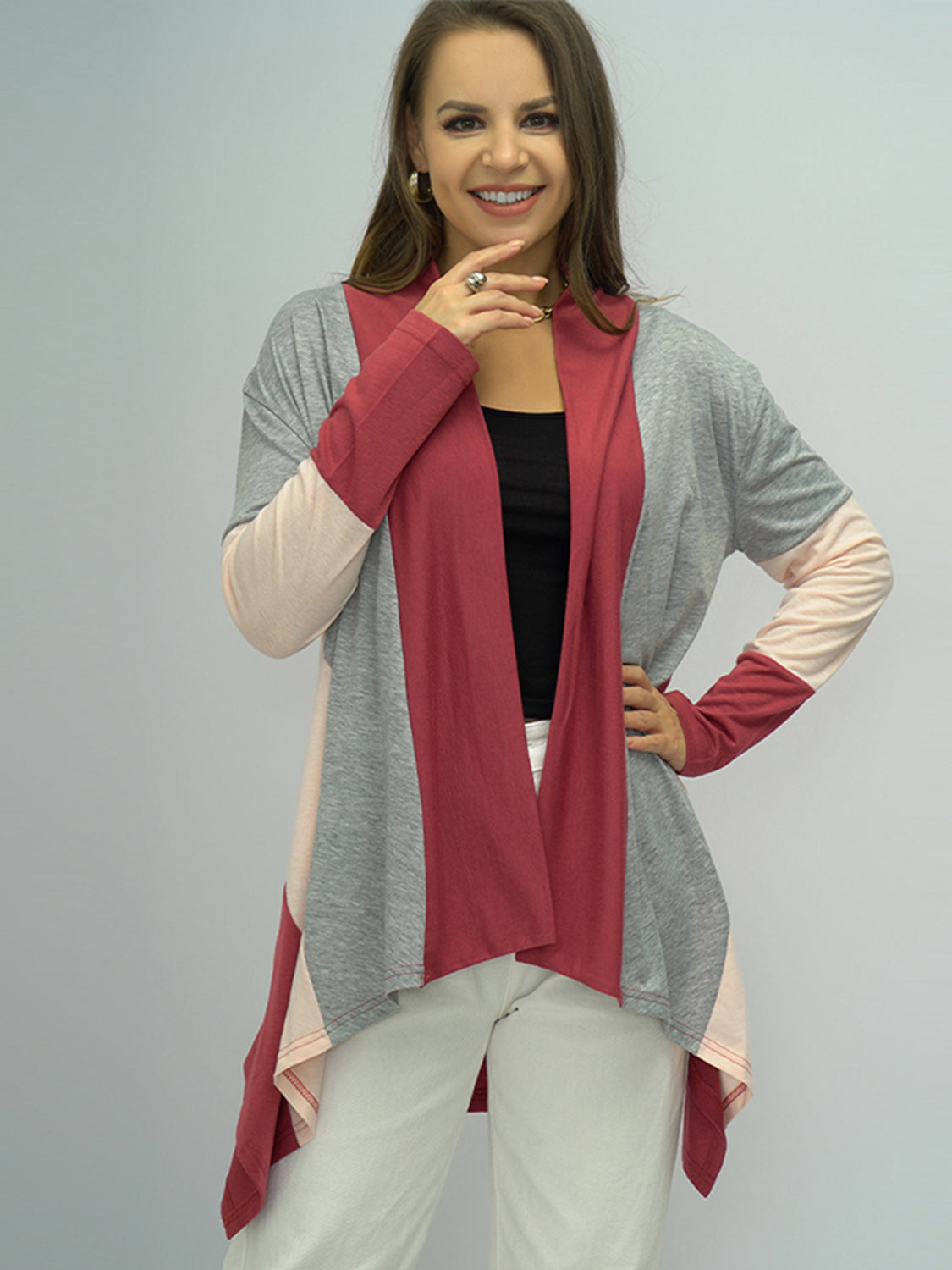 Shiny Color Block Open Front Cardigan-Angel Casuals