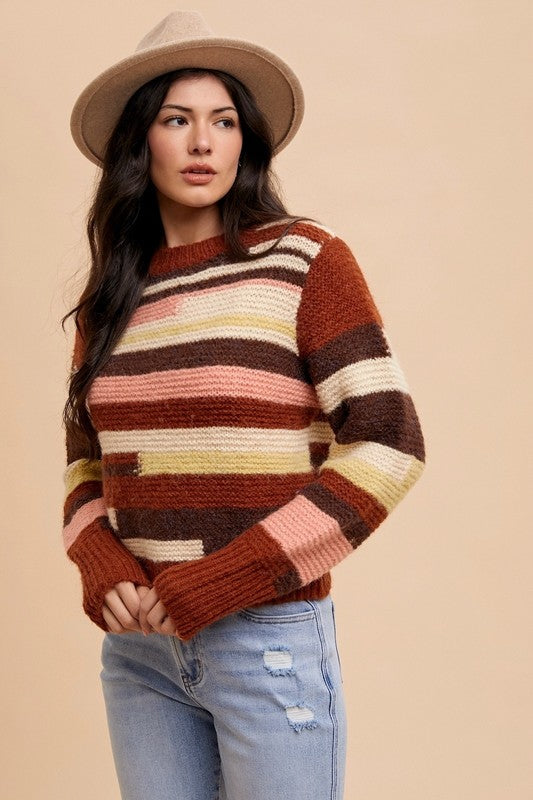 Annie Wear Color Block Round Neck Long Sleeve Sweater-Angel Casuals