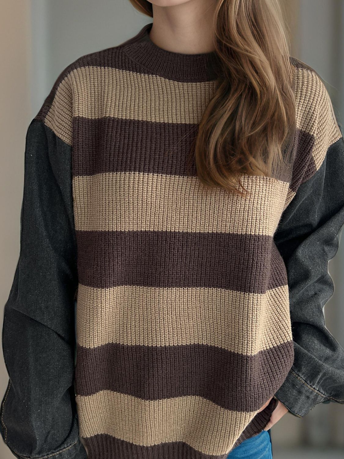 Contrast Round Neck Long Sleeve Sweater-Angel Casuals