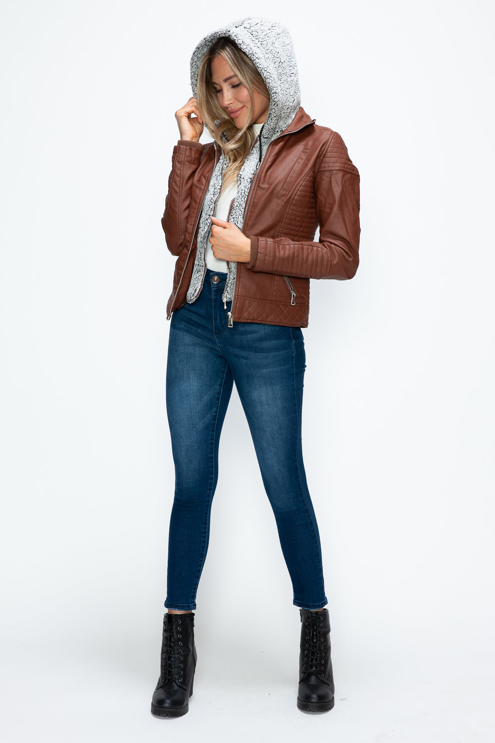 YMI Faux Layered Double-Zipper Jacket with Fuzzy Hood-Angel Casuals