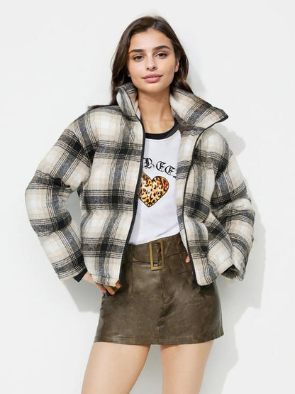 Plaid Zip Up Long Sleeve Jacket-Angel Casuals