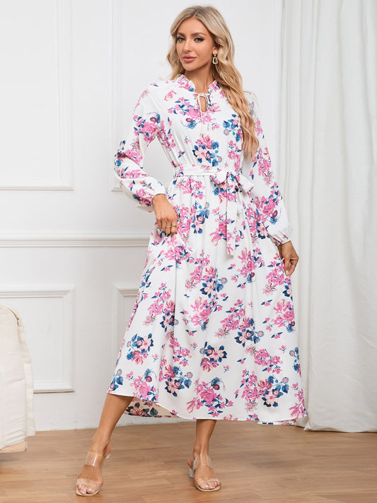 Floral Tie Front Balloon Sleeve Dress-Angel Casuals