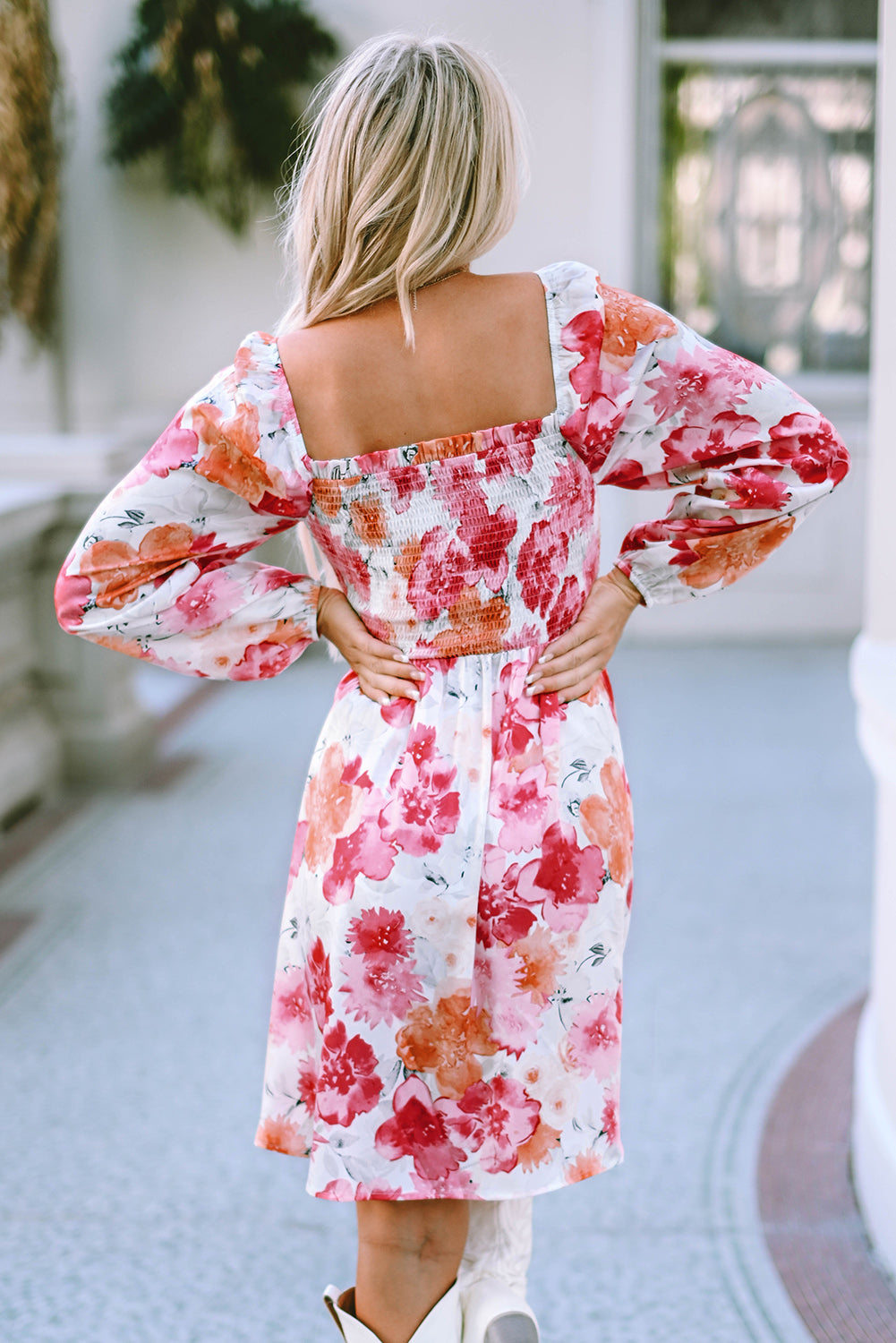 Floral Smocked Square Neck Long Sleeve Dress-Angel Casuals