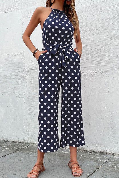 Polka Dot Grecian Wide Leg Jumpsuit-Angel Casuals