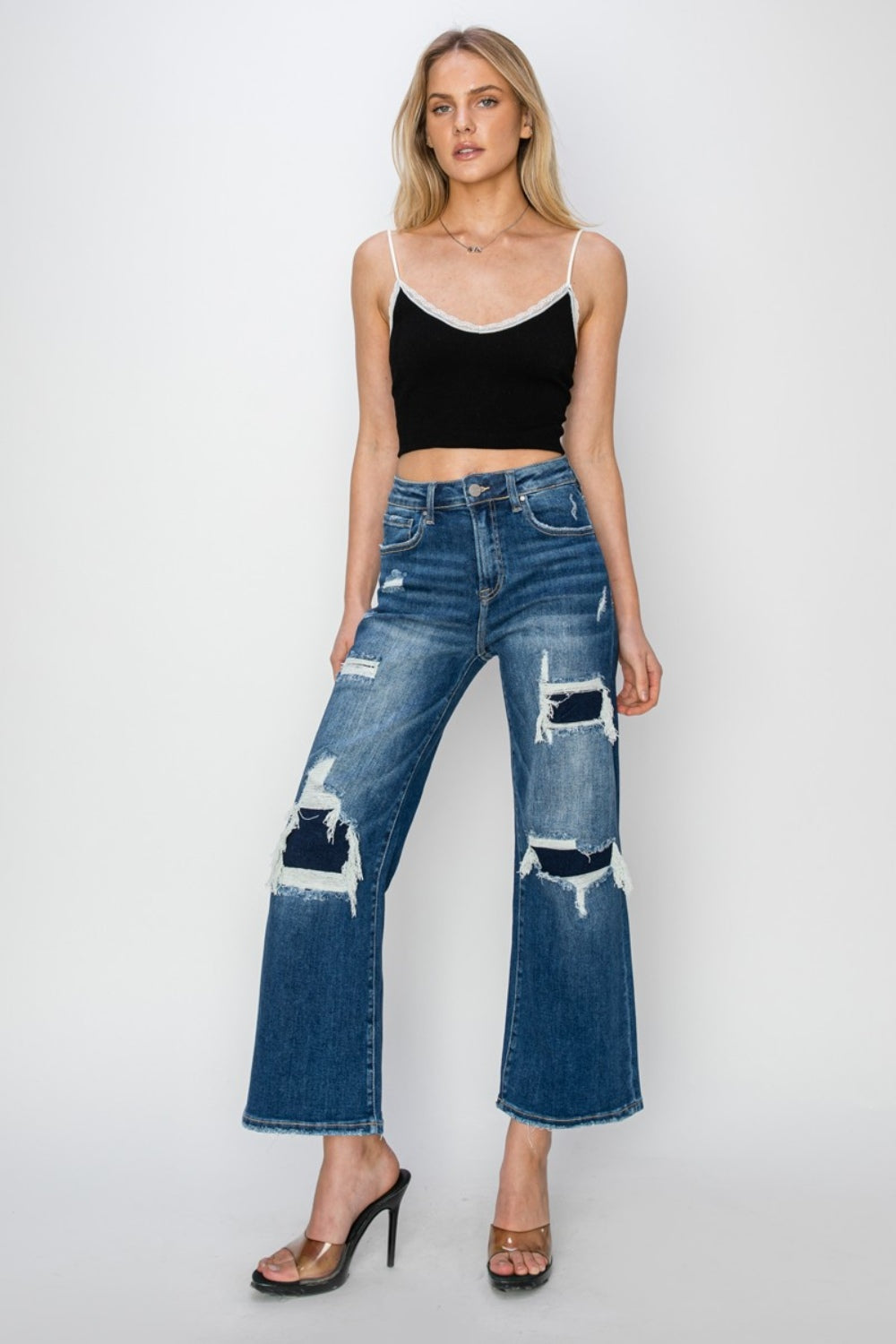 Risen Full Size High Rise Patch Detailed Wide Leg Crop Jeans-Angel Casuals