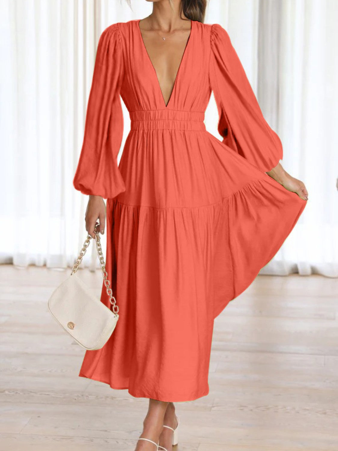 Deep V-Neck Balloon Sleeve Plain Maxi Dress-Angel Casuals