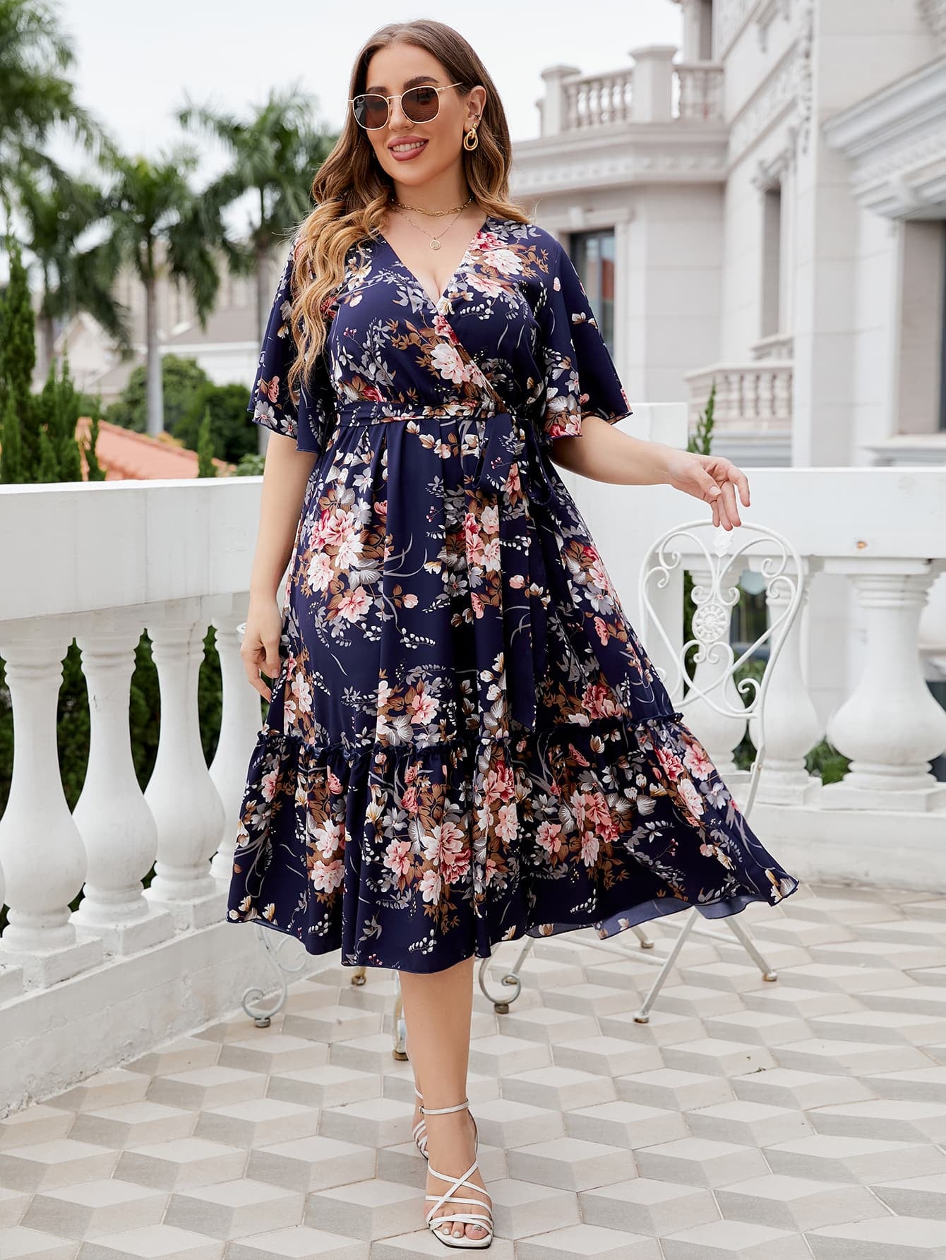 Plus Size Floral Surplice Neck Midi Dress-Angel Casuals