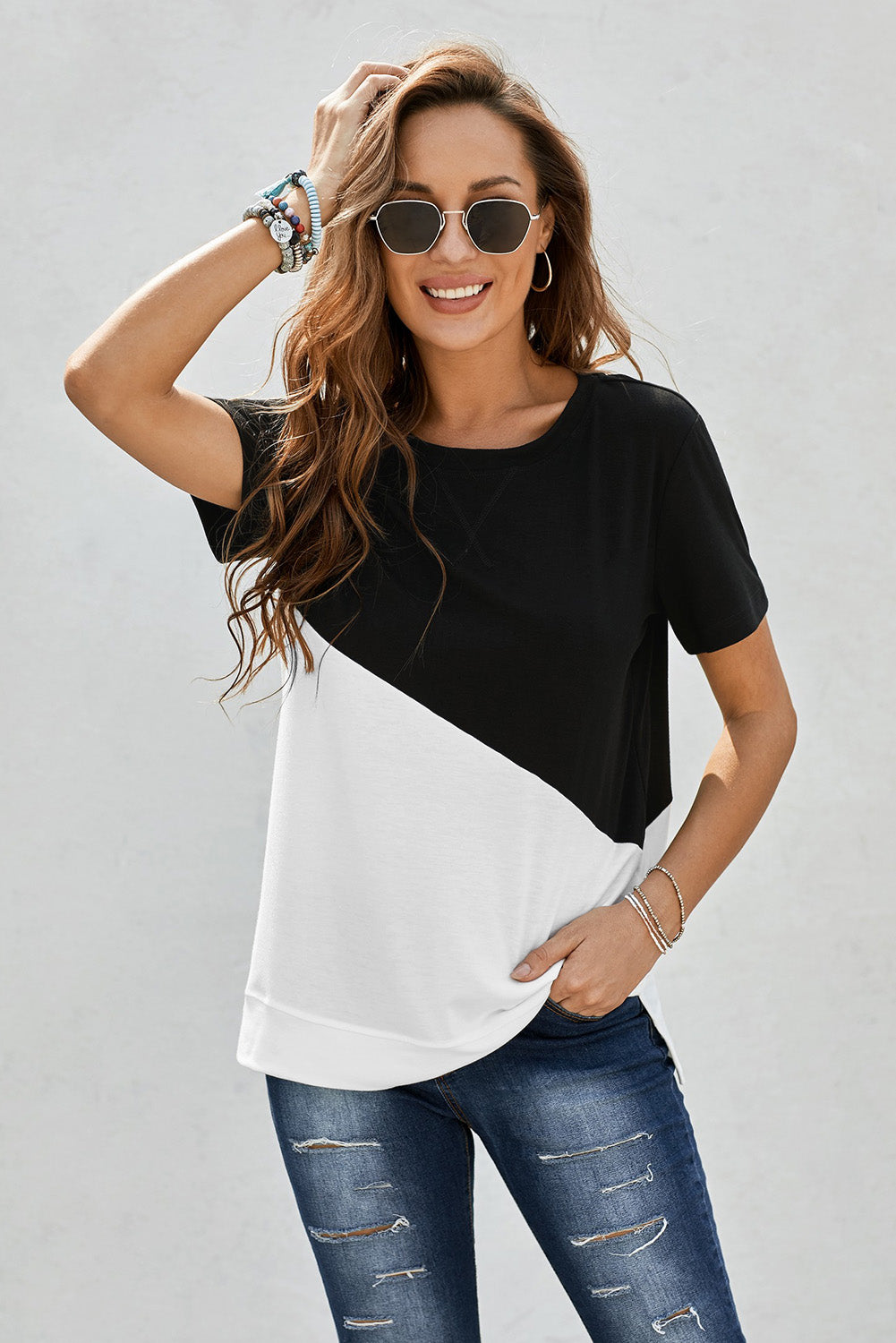 Two-Tone Round Neck Tee-Angel Casuals